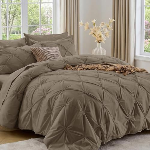 Image of Sasttie King Size Comforter Set, 7-Piece Bed in a Bag, Pintuck Bedding Set for All Season, Includes Comforter, Flat Sheet, Fitted Sheet, Pillowcases and Pillowshams, Brown