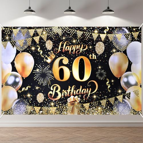 ANOMM Feliz aniversário de 60 anos, preto e dourado Happy Birthday decoração, pano de fundo para festas, decoração de mesa para jardim ao ar livre para homem e mulher (180x110 cm)