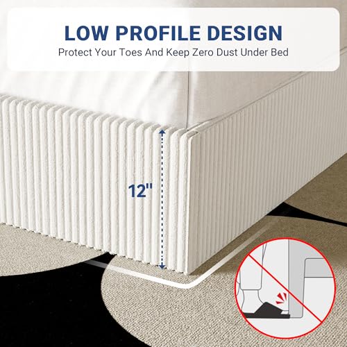 Image of Allewie Full Bed Frame, Adjustable Corduroy Headboard, Platform, White | Adjustable Headboard, Corduroy Fabric, Low Profile, Wooden Slats, 800 lb Capacity, No Box Spring Needed