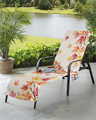 Fall Gnomes Beach Chair Towel Covers for Chaise Lounge with Side Pocket, Soft Plush Pool Towels Cover for Patio Sunbathing Outdoor 29''x85'' Thanksgiving Pumpkin Autumn Maple Leaves