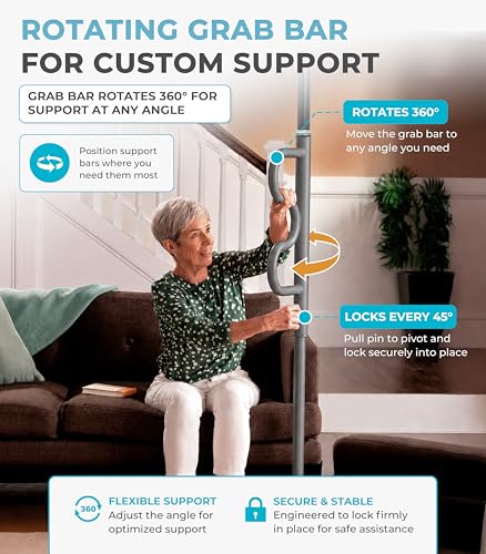 Image of Stander Wonder Pole Plus with Rotating Double Grab Bar, Tension Mounted Security Pole for Seniors & Elderly Adults, No-Drill Floor to Ceiling Transfer Pole for Home & Bath Safety, Graphite