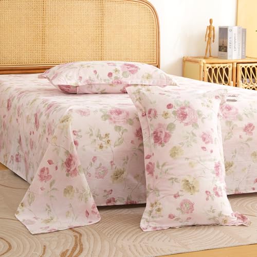 Image of Story@Home 240 TC Air Cotton King Size Bedsheet, Pink & Green, 270 x 250 cm | Air Cotton Flatsheet, Two Pillow Covers, 240 TC, Super Soft, Floral Design