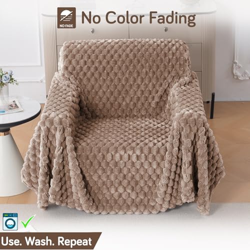 Image of HOKIPO Luxury Premium Rabbit Wool Plush Sofa Throw, Fluffy Sofa Cover for 1 Seater Sofa, 180(D) x 190(L) cm, 'BunnySoft Series' Canvas Brown (AR-5073-BRN)