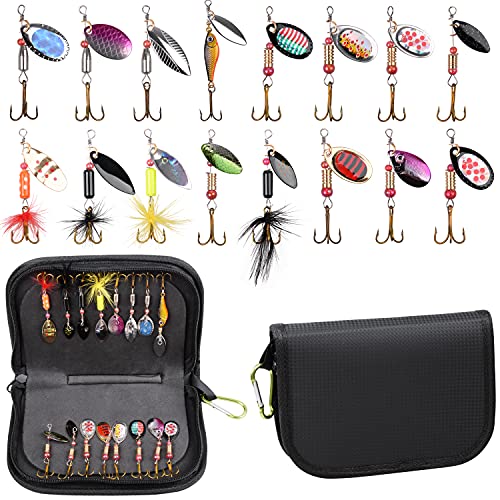 Fishing Lures Spinnerbaits Kit,16pcs Rooster Bait Tail Fishing Lures Inline Spinner Baits Hard Metal Bass Trout Spinner Lures Baits with Portable Carry Bag for Freshwater Saltwater