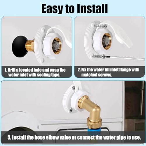 Image of OwnMy RV City Water Inlet with Check Valve Brass RV Water Inlet Connections with Hose Elbow Connector, RV City Water Fill Inlet Flange Replacement for Camper Marine Boat RV Trailer Accessories