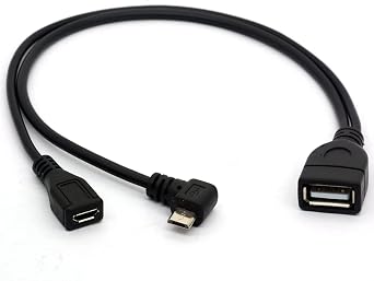 Angled Micro USB Y Splitter Cable OTG Power Enhancer Cord | USB 2.0 A Female to 90 Degree Micro USB Male and Straight Micro Female On-The-Go Adapter Micro Male 90Degree