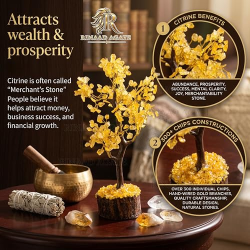Image of Citrine Crystal Tree with 300 Chips - 11 Inch Vastu Feng Shui Money Tree for Wealth, Prosperity & Positive Energy | Lucky Healing Crystal Decor for Home Office Gift India