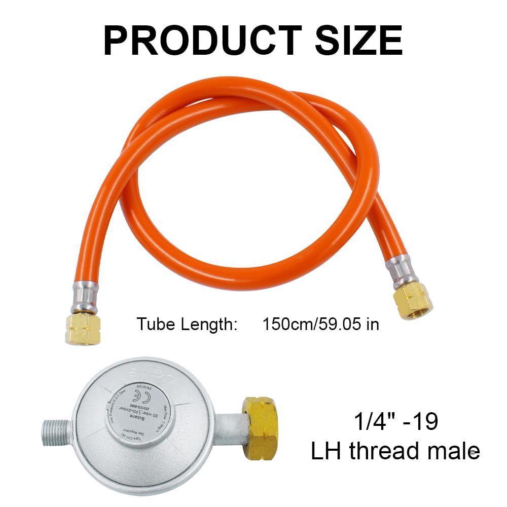 Regolatore di pressione del gas, 50 mbar, tubo del gas da 150 cm, con riduttore di pressione, set di riduttore di pressione, attacchi a vite da 1/4" a sinistra, set di regolatori per campeggio
