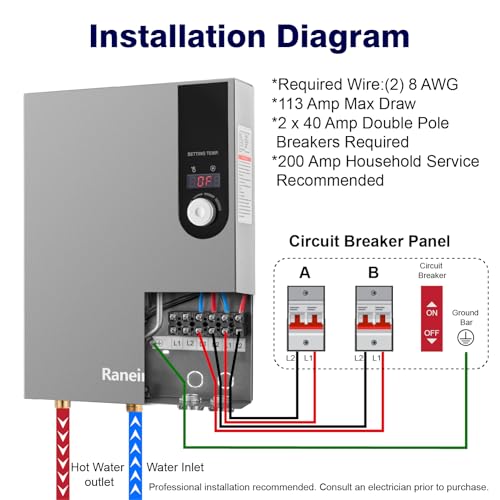 Ranein Electric Tankless Water Heater, 18kW 240V on Demand Instant Endless Water Heater with LED Temperature Display for Residential Whole House Shower, Space Saving - Thumbnail 5