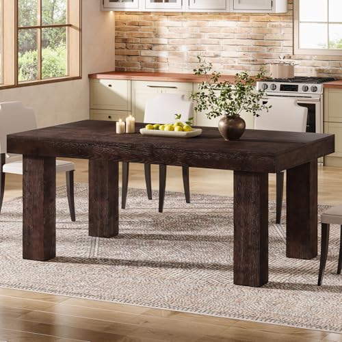 TRIBEWOOD Solid Wood Dining Table for 4-6, 63-Inch Farmhouse Kitchen Table with Heavy Duty Legs, Wooden Rectangular Dinner Tables for Kitchen & Dining Room, Walnut Brown - image 1