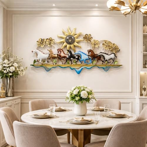Image of Framing Hub - Metal Wall Decorative Multicolor Large Seven Running Horses with Sunrise Floral Design Wall Hanging Decor for Vastu Living Room (Size 51x29 Inch)