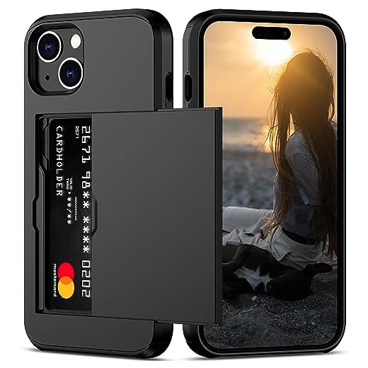 Nvollnoe Compatible with iPhone 15 Case with Card Holder Heavy Duty Protective Dual Layer Shockproof Hidden Card Slot Slim Wallet Phone Cover for Women&Men 6.1 inch(Black)