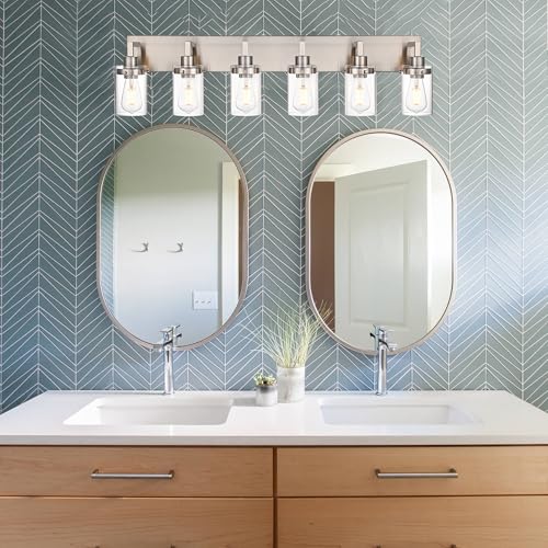 Image of 6-Light Bathroom Vanity Light Fixture in Brushed Nickel Finish,Metal Classic Wall Lighting with Clear Glass Shade Wall Sconces Lamp for Mirror,Hallway, Makeup Table