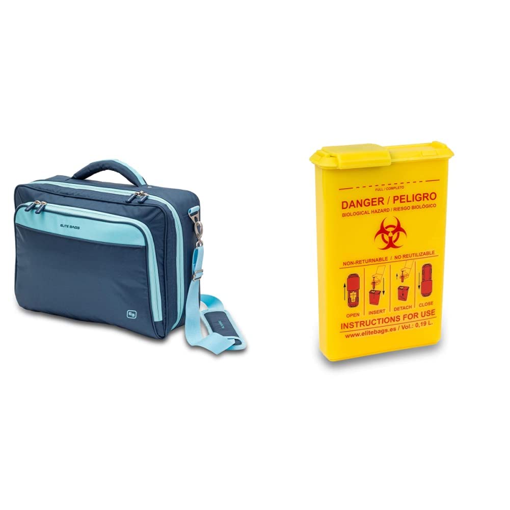 Elite Bags Practi's - Maletín sanitario de asistencia domiciliaria, Azul, 40 x 30 x 12 cm & Elite Bags QVM-00077/02 - Combio's contenedor material biocontaminado de bolsillo amarillo