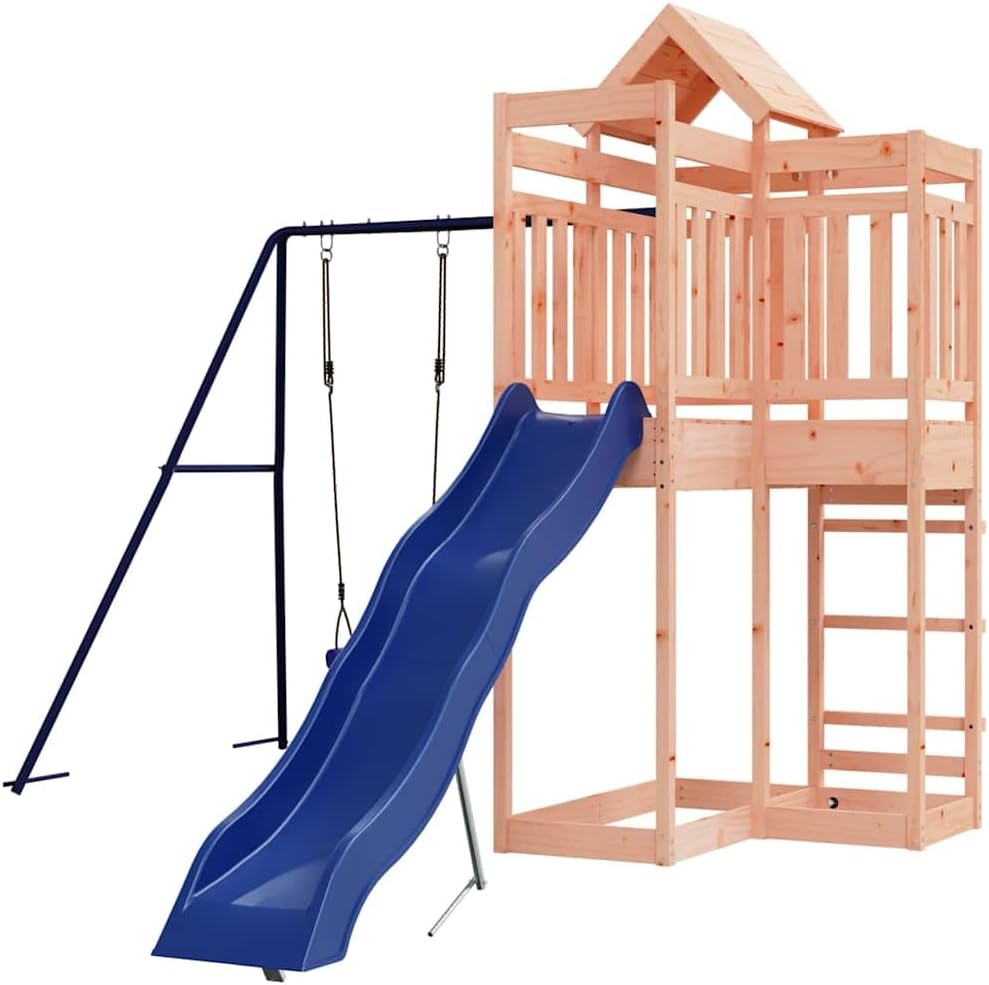 Outdoor Playset Natural Wood Blue with Wavy Slide and Saddle Swing for Garden Fun, Sturdy Solid Douglas Fir Wood Construction, 4-Piece Set for Active Play and Social