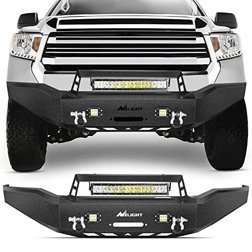 Image of Nilight Front Winch Bumper for 2007-2013 Toyota Tundra w /LED Light Bar, Pod lights & D ring Shackles, Heavy Duty Off-Road Full Width Steel Bumper, Winch Plate Ready Bull Bar, Black