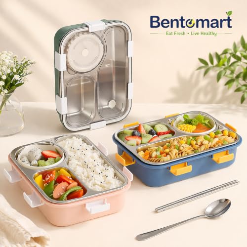 Image of 3 Compartment SUS304 Stainless Steel Lunch Box with Sauce Cup & Cutlery, Leak-Proof Partition Bento Box for School, Office & Travel
