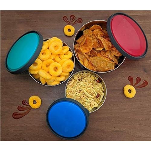 Image of CLASSIC ESSENTIALS kiwi Stainless Steel Food Storage Container with Multi Color Lid, Serve & Store | Spill Free | Food Grade | Multipurpose Use | Air Tight | Leak Proof, Multicolor, Set of 4