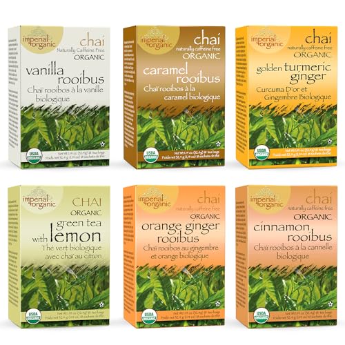 Uncle Lee’s Imperial Organic Chai Variety 6-Pack – Assortment of Chai Tea Bags, 5 Caffeine-Free Varieties + Caffeinated Green Tea with Lemon, 18 Count Ea (108 tea bags)