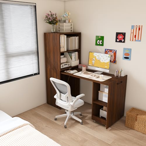 Image of Foldable Office Desk, Fold Out Convertible Hidden Murphy Computer Desk with Storage Shelves, Multi-Function Folding Writing Table for for Small Spaces, Home Office (Walnut)