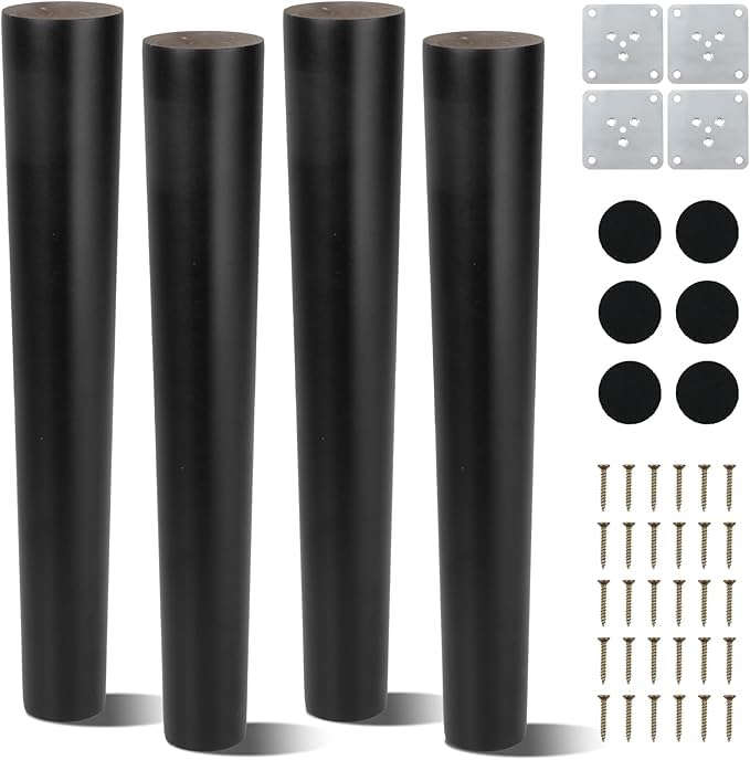 Luabue Wooden Furniture Legs 30cm Chair Legs Black Bed Legs Set of 4, Solid Wood Sofa Legs 12 inch Sofa Feet Black Table Legs Furniture Feet Replacement with Mounting Plates & Non-Slip Mats & Screws — image 1