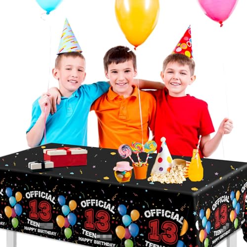 Image of 13th Birthday Decorations for Boys Red Black 13th Happy Birthday Tablecloth for Official 13 Teenager 13 Year Old Boy Birthday Decor