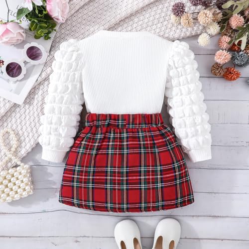 Image of Noubeau Toddler Girls Plaid Outfits Girls Puff Sleeve Knit Ribbed Shirt Tops Plaid Skirt Set Kids Fall Winter Clothes