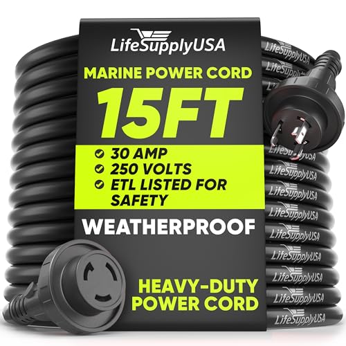 15FT Marine Shore Power Cord 30 Amp, NEMA L5-30P to L5-30R Twist Lock, 125V 10AWG SJTW Extension...