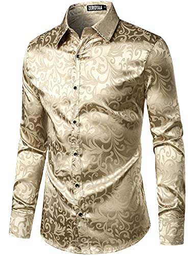 PARKLEES Chemise de luxe à manches longues en jacquard pour homme, coupe ajustée, en satin imitation soie, imprimé floral, chemises pour mariage, bal, champagne, S