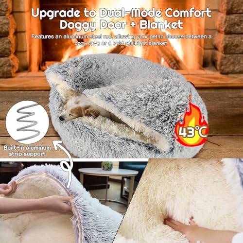 Large Medium 80cm Dog Bed - Upgraded Aluminum Rim Support & Removable Non Slip Bottom, Thermal Self-Warming Plush for Dogs under 20kg/44lbs - Dual Mode Cozy Blanket & Cave Design (Grey, 80CM) - Image 3