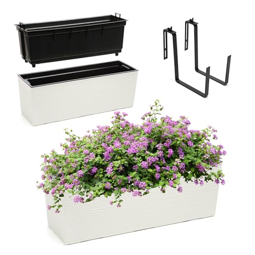 KADAX Jardinière en Plastique, 18,5x56 cm, bac à Fleurs avec Insert, jardinière de Balcon résistante aux intempéries, Pot de Fleurs rectangulaire (avec Supports, Motif rainuré, Crème)