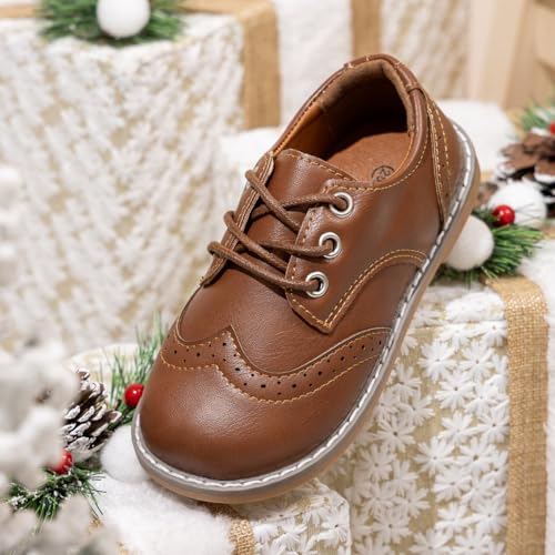 Image of Meckior Toddler Boys Girls Dress Shoes Little Kid Oxford Shoes Wedding Church Dress Shoes PU Leather Lace Up School Uniform Loafer Flats