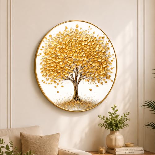 Image of PAINTINGMANTRA Golden Tree of Life Round Wall Art Painting With Frame For Living Room | Vastu-Inspired Prosperity Decor Framed Painting | Elegant Round Wall Hanging for Home, Office & Gifting, 16 In