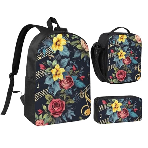 Musical Note Floral print Backpack Bookbag for Daily Use,3 Pcs Backpack Set with Lunch Box and Pencil Case