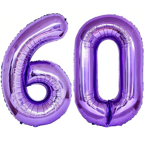 Image of Number 60 Purple Balloons 40 Inch Giant Purple Foil 60 Helium Balloons for 60th Purple Birthday Party Supplies 60th Anniversary Events Decorations