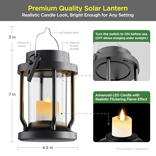 Solar Lantern Outdoor Indoor Use ¨C Hanging Solar Lights with Realistic Flickering Flameless Candle, Weatherproof for Garden Decor, Patios, Trees, and Lawns (Black, 2 Pack)