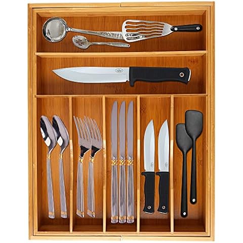 Draizee Wooden Bamboo Expandable Drawer Organizer for Flatware, Expands up to 20 inches wide, Wood Drawer Dividers Organizer or Flatware, Silverware, 17.7 x 13.75-20 x 2.5 in Cover