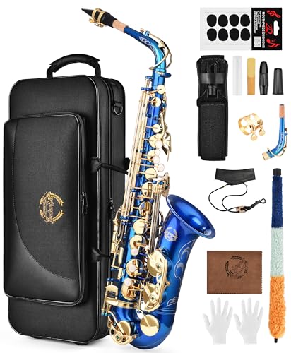 Leo Jaymz Eb Alto Saxophone - One-Piece Body & Neck Construction H68 Brass with Thickened Travel Bag - Complete Beginner to Professional Kit (Blue)
