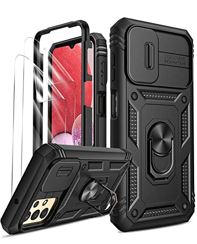 LeYi for Samsung A13 Phone Case with Camera Cover Slider (2 Pack HD Screen Protector) 360 Full Body Protective Shockproof Heavy Duty Cover with Ring Stand for Galaxy A13 4G Black