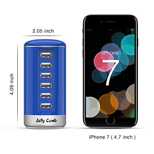USB Charger Multi Port Wall Charger : Jelly Comb 6 Port USB Desktop Charging Station with Smart Identification for Phones, Tablets, USB Fan, Power Bank and More - Blue