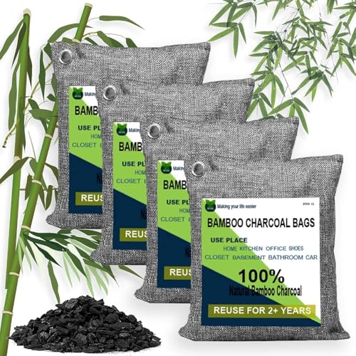wyewye Charcoal Air Purifying Bag Activated Bamboo Charcoal Bags For Closet Deodorizer Moisture Absorber for Bathroom Activated Charcoal Bags Odor Absorber For Pet Car Home（4Pack 200g）