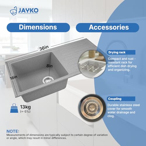Image of JAYKO Quartz Acrylic Kitchen Sink for Modular Kitchen | Granite Finish, Scratch & Heat Resistant | Easy to Clean & Stylish Sink for Home (BR, 36x18in)