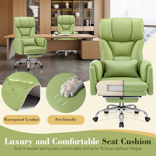 Image of Big and Tall Office Chair, 400LBS Wide Leather Gaming Chair with Footrest, High Back Executive Chair, Reversible Armrest for Pets, 135 Reclining Cross Legged Chair with Lumbar Support(Avocado Green)