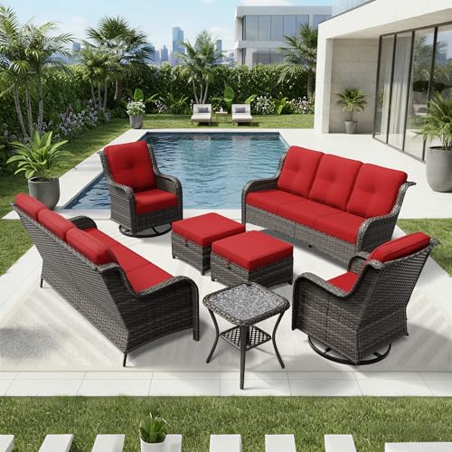 Image of Joyside 7 Piece Wicker Patio Furniture Set, Outdoor Swivel Rocker Patio Chairs with High Back, Deep Seating, Wide Armrest, Thickened Cushions, Outdoor Furniture for Deck, Porch Use