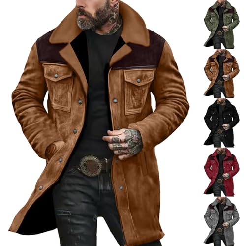 Men'S Vintage Trench Faux Leather Jacket Retro Mid Length Coats Oversized Zip Up Fall Winter Fashion Tactical Jackets