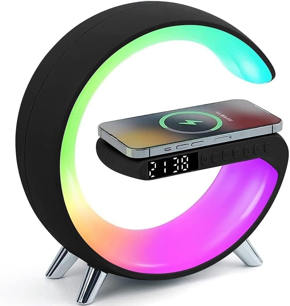 UENERGY 4 in 1 caricabatterie wireless lampada notturna | Altoparlante Bluetooth sveglia | Ricarica rapida 15 W | Casa Ufficio Studio Comodino Lampada di ricarica wireless per iPhone Samsung Huawei