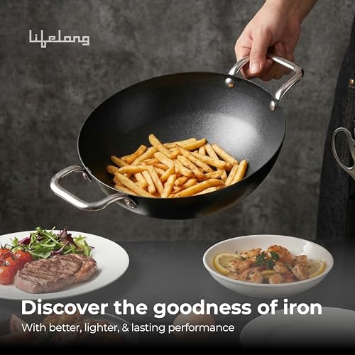 Image of Lifelong Carbon Steel (Iron) Kadhai 24cm | High Heat Stir Fry & Bhuna Kadhai with Stainless Steel Handle | Naturally Seasoned Non-Stick Surface | Induction & Gas Compatible | Lightweight Build