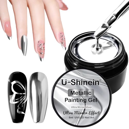U-Shinein Gel de Pintura Metálica para Uñas - Espejo Plateado y Dorado, Ultra Reflectante - Arte de Uñas DIY, Pintura UV
