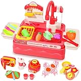 Toy Sink with Running Water, Toddler Sink Toy with Electric Faucet, Play Dishes for Kids Kitchen, Kids Kitchen Playset, Play Cooking Stove, Cookware Pot and Food for Boys & Girls, Pink