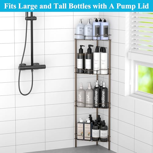Image of HuggieGems 4 Tier Floor Standing Corner Shower Caddy Organizer Shelf with Hooks, Bathroom Shelves Stand Rack, Bronze